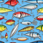fishing lures, fishing tackle, fish themed, nautical, sports fishing, red, yellow, green, blue, white, silver, metallic, playroom, kids room, boys room, children's decor, whimsical, fun, colorful, sport themed, outdoor recreation, hobby themed, summer, water sports, fishing gear, striped pattern, multi-colored