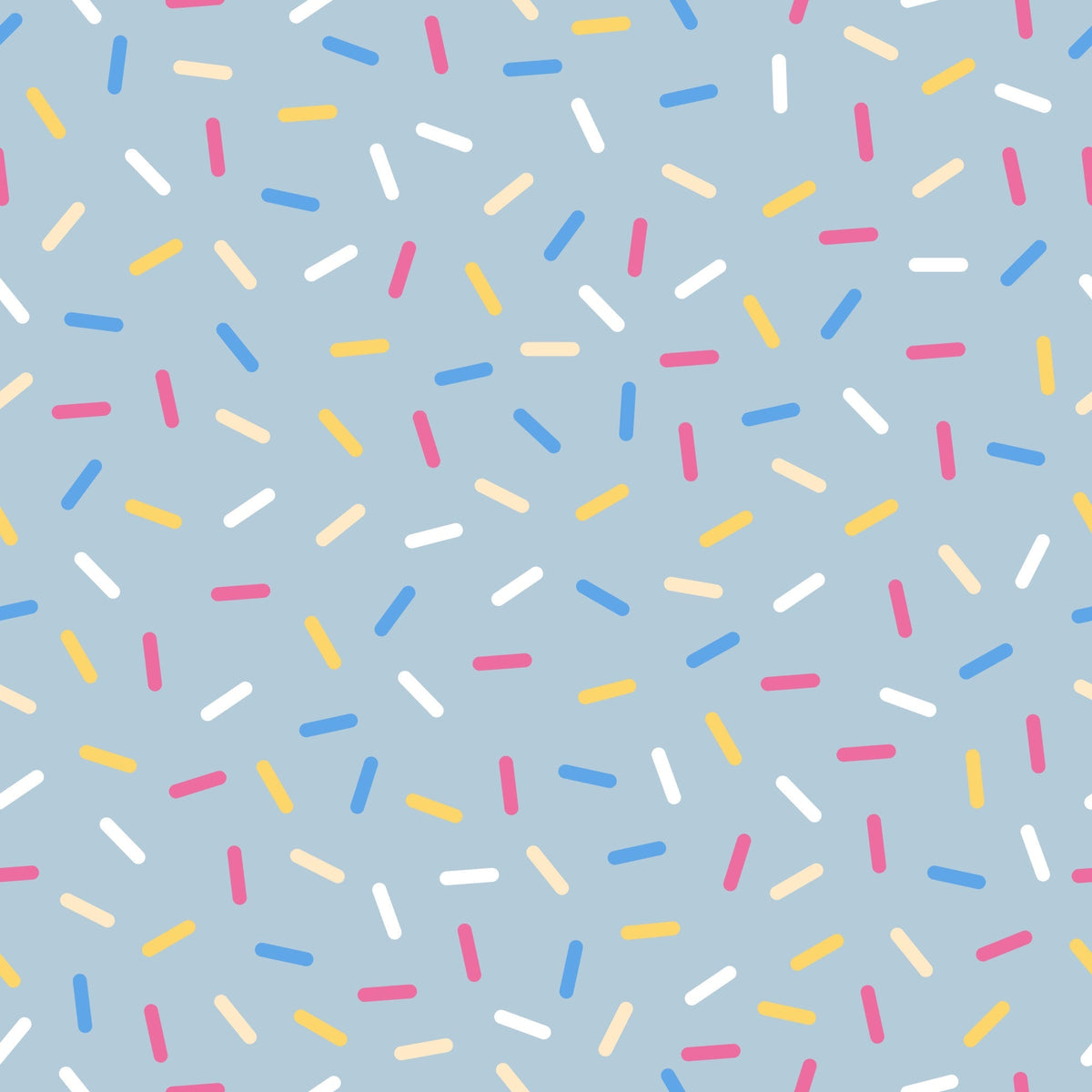 rainbow sprinkles, colorful sprinkles, blue background, pink sprinkles, yellow sprinkles, white sprinkles, orange sprinkles, scattered pattern, random placement, sweet treats, dessert theme, bakery motif, cheerful design, playful pattern,, fabric panel, confetti style, candy colors, fun design, whimsical sprinkles