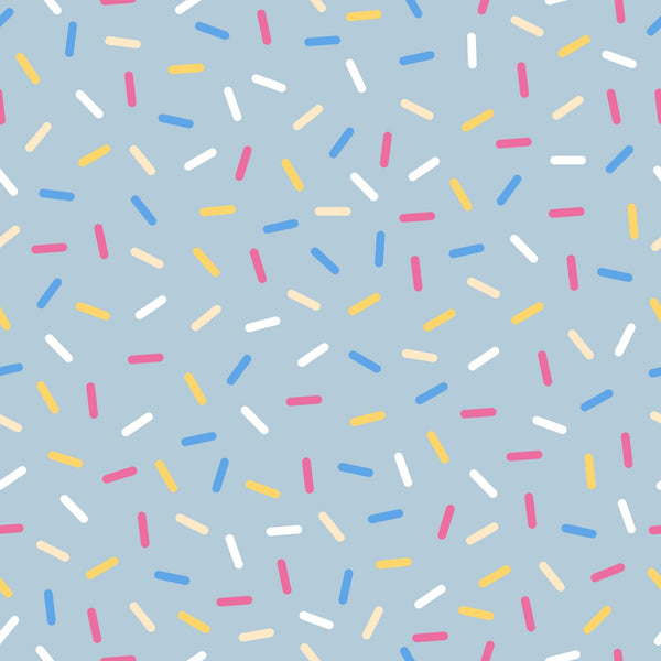 rainbow sprinkles, colorful sprinkles, blue background, pink sprinkles, yellow sprinkles, white sprinkles, orange sprinkles, scattered pattern, random placement, sweet treats, dessert theme, bakery motif, cheerful design, playful pattern,, fabric panel, confetti style, candy colors, fun design, whimsical sprinkles