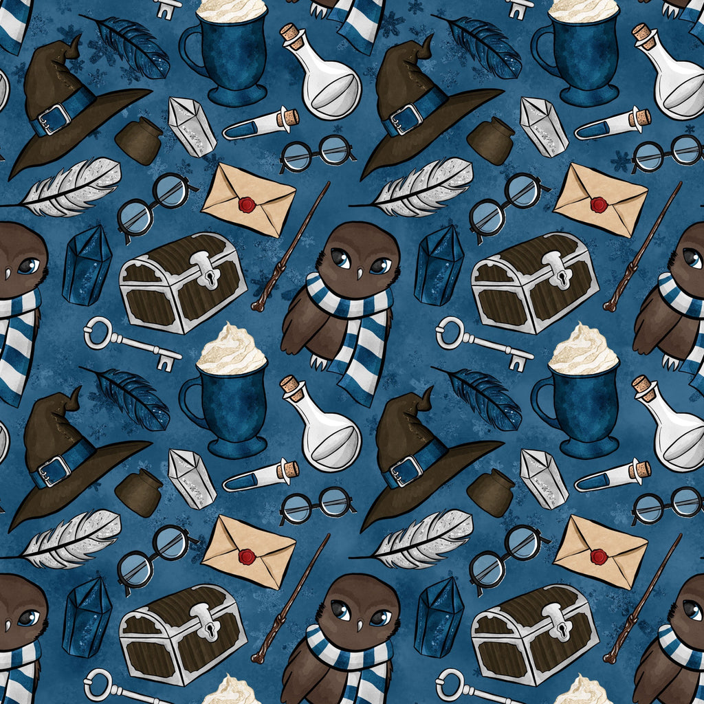navy blue, dark blue, wizard hat, owl character, magic wand, potion bottle, treasure chest, feather quill, envelope, round glasses, lantern, skeleton key, hot chocolate mug, whimsical pattern, magical theme, school supplies, fantasy elements,, fabric panel, repeating motif, cute owl, striped scarf, mystical items