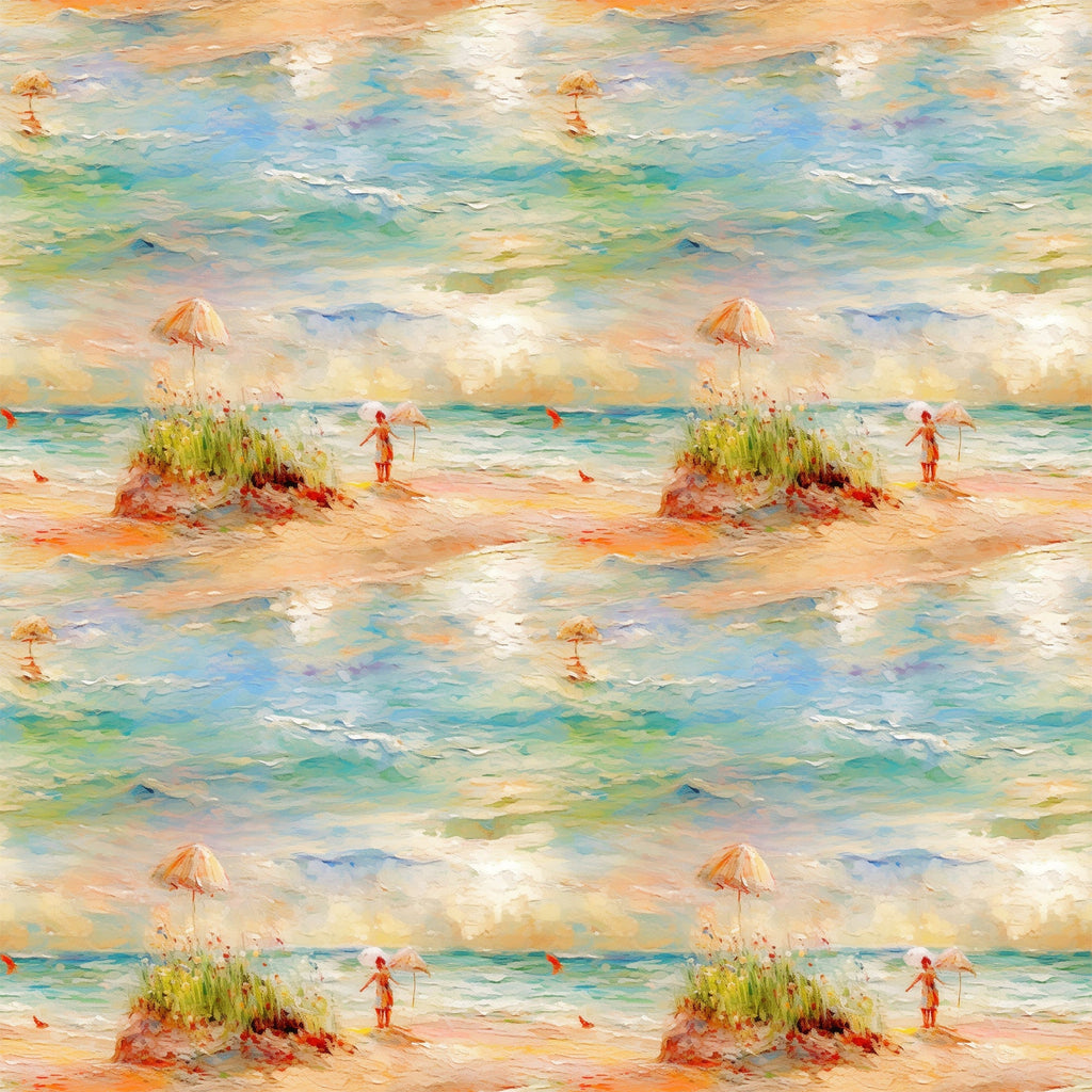 beach scene, ocean waves, impressionist style, peach umbrella, figure silhouette, sand dunes, sea grass, turquoise water, coral pink, soft pastels, watercolor effect, coastal landscape,, fabric panel, summer scene, peaceful mood, artistic brushstrokes, seaside setting, nature motif, repetitive pattern