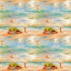 beach scene, ocean waves, impressionist style, peach umbrella, figure silhouette, sand dunes, sea grass, turquoise water, coral pink, soft pastels, watercolor effect, coastal landscape,, fabric panel, summer scene, peaceful mood, artistic brushstrokes, seaside setting, nature motif, repetitive pattern