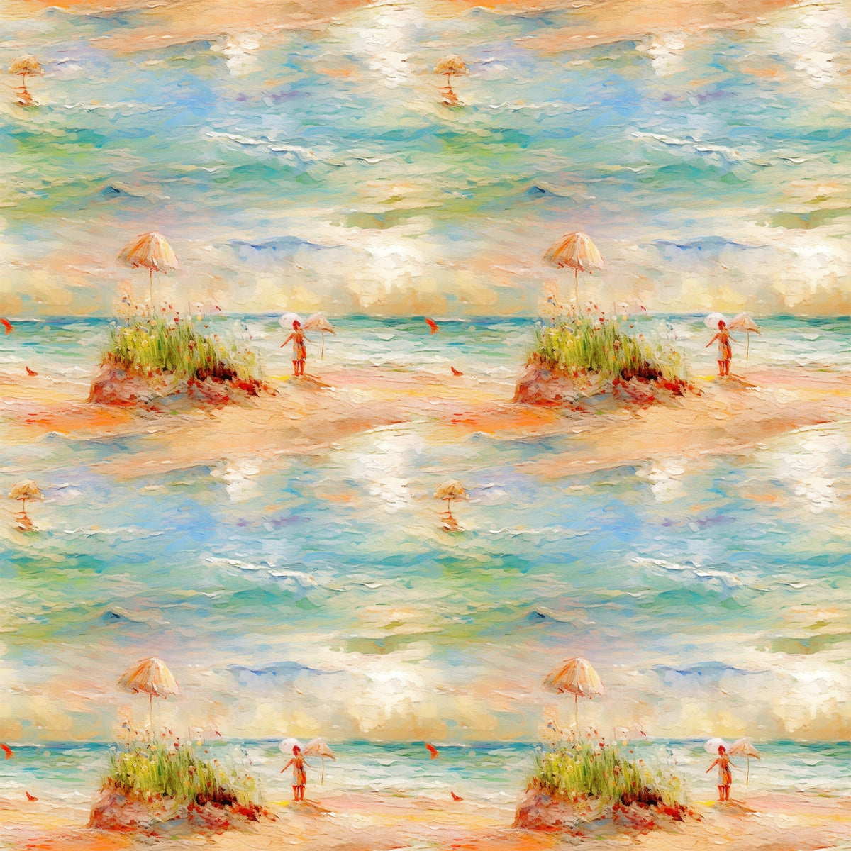 beach scene, ocean waves, impressionist style, peach umbrella, figure silhouette, sand dunes, sea grass, turquoise water, coral pink, soft pastels, watercolor effect, coastal landscape,, fabric panel, summer scene, peaceful mood, artistic brushstrokes, seaside setting, nature motif, repetitive pattern