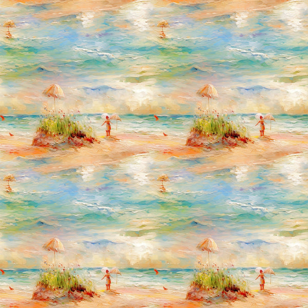 beach scene, ocean waves, impressionist style, peach umbrella, figure silhouette, sand dunes, sea grass, turquoise water, coral pink, soft pastels, watercolor effect, coastal landscape,, fabric panel, summer scene, peaceful mood, artistic brushstrokes, seaside setting, nature motif, repetitive pattern