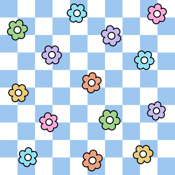 colorful flowers, pastel colors, light blue, soft pink, pale purple, sage green, golden yellow, coral orange, sky blue, whimsical, cheerful, playful, floral pattern, flower motifs, daisy flowers, simple flowers, geometric grid, checkered background, spring, nursery, kids room, playroom, baby shower, children's fabric, cute design, sweet design, bright and cheerful, fun pattern, modern whimsical
