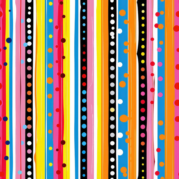 bright stripes, polka dots, vertical lines, red stripes, blue stripes, yellow stripes, orange stripes, pink stripes, black stripes, white dots, colorful circles, geometric pattern, vibrant colors, playful design,, fabric panel, rainbow colors, modern pattern, cheerful mood, contemporary style