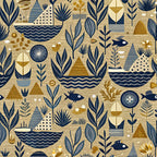 navy blue, mustard yellow, beige, cream, geometric shapes, sailboats, fish, leaves, botanical motifs, triangles, wavy lines, dots, stripes, folk art style, nautical theme, sea creatures, stylized plants,, fabric panel, whimsical design, ocean elements, modern illustration