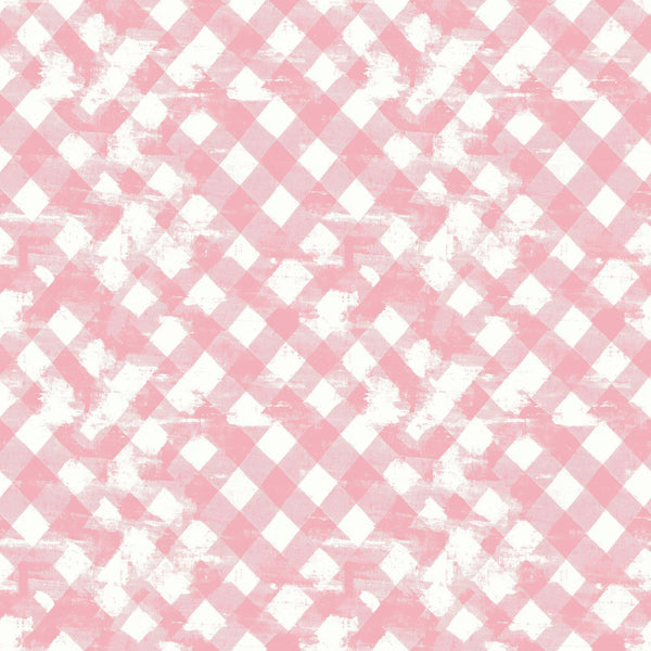 pink, white, gingham, checkered, diagonal pattern, vintage style, distressed texture, weathered look,, fabric panel, soft pink, pastel, shabby chic, worn appearance, geometric design, crafting material, sewing fabric, nostalgic mood