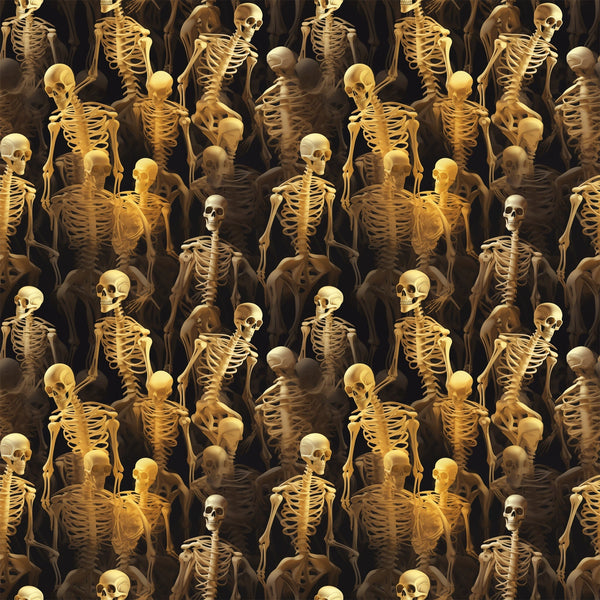 skeletons, bones, skulls, golden yellow, amber, brown, black background, spooky, eerie, macabre, repeating pattern, anatomical, human skeleton, halloween, horror theme, scary, dark atmosphere,, fabric panel, seasonal fabric