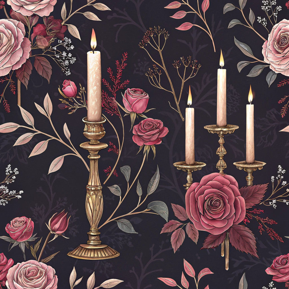 black background, dusty rose, mauve pink, coral pink, cream, gold, pale pink, floral, roses, botanical, vintage, elegant, romantic, luxurious, candles, candlestick, nature, traditional, sophisticated, dark moody, leaves, branches, delicate florals, wedding, garden, classic, ornate, timeless, feminine