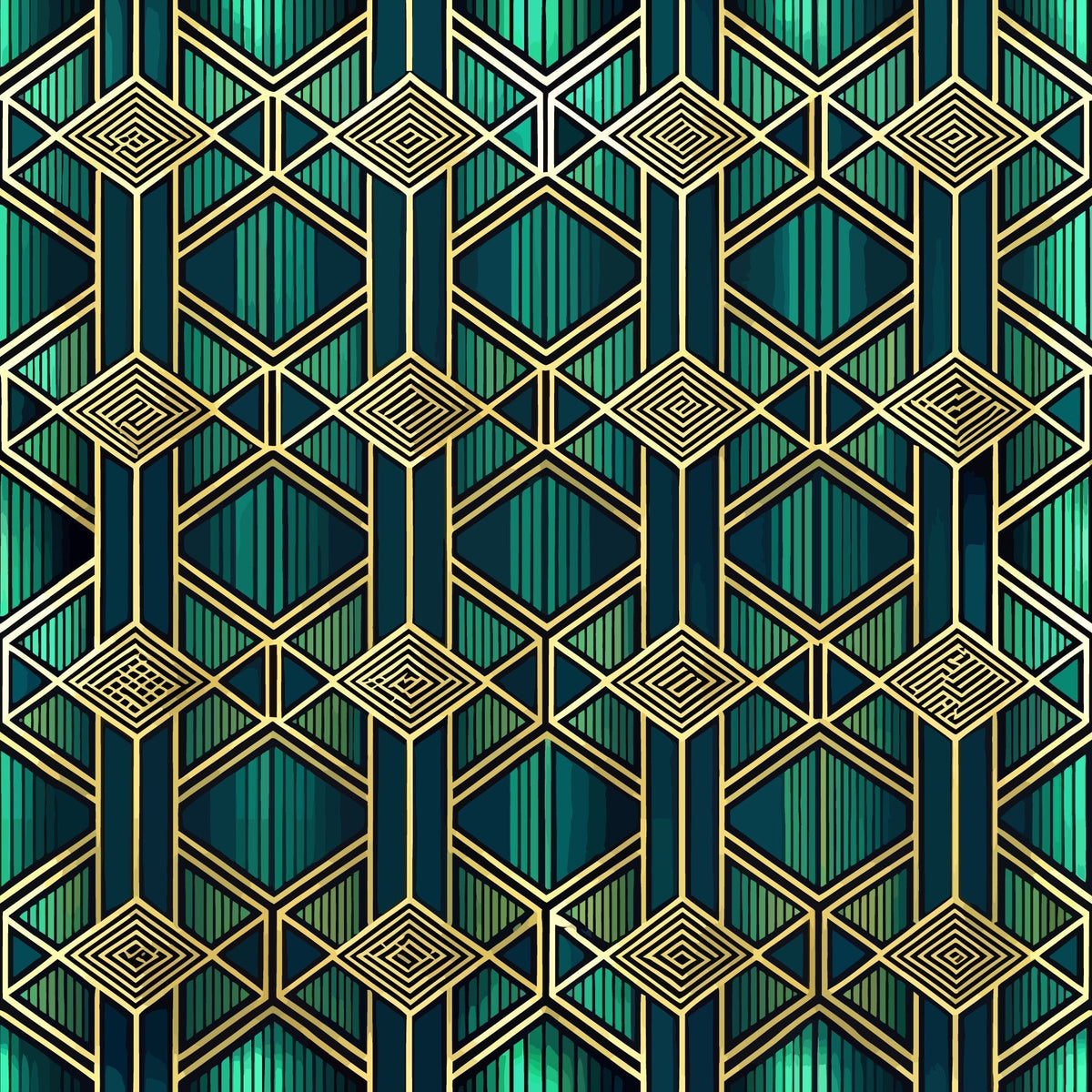 emerald green, teal, gold, navy blue, geometric pattern, art deco, hexagons, diamonds, stripes, chevrons, luxurious, sophisticated,, fabric panel, metallic accents, symmetrical design, vintage style, repeating motifs, angular shapes, jewel tones