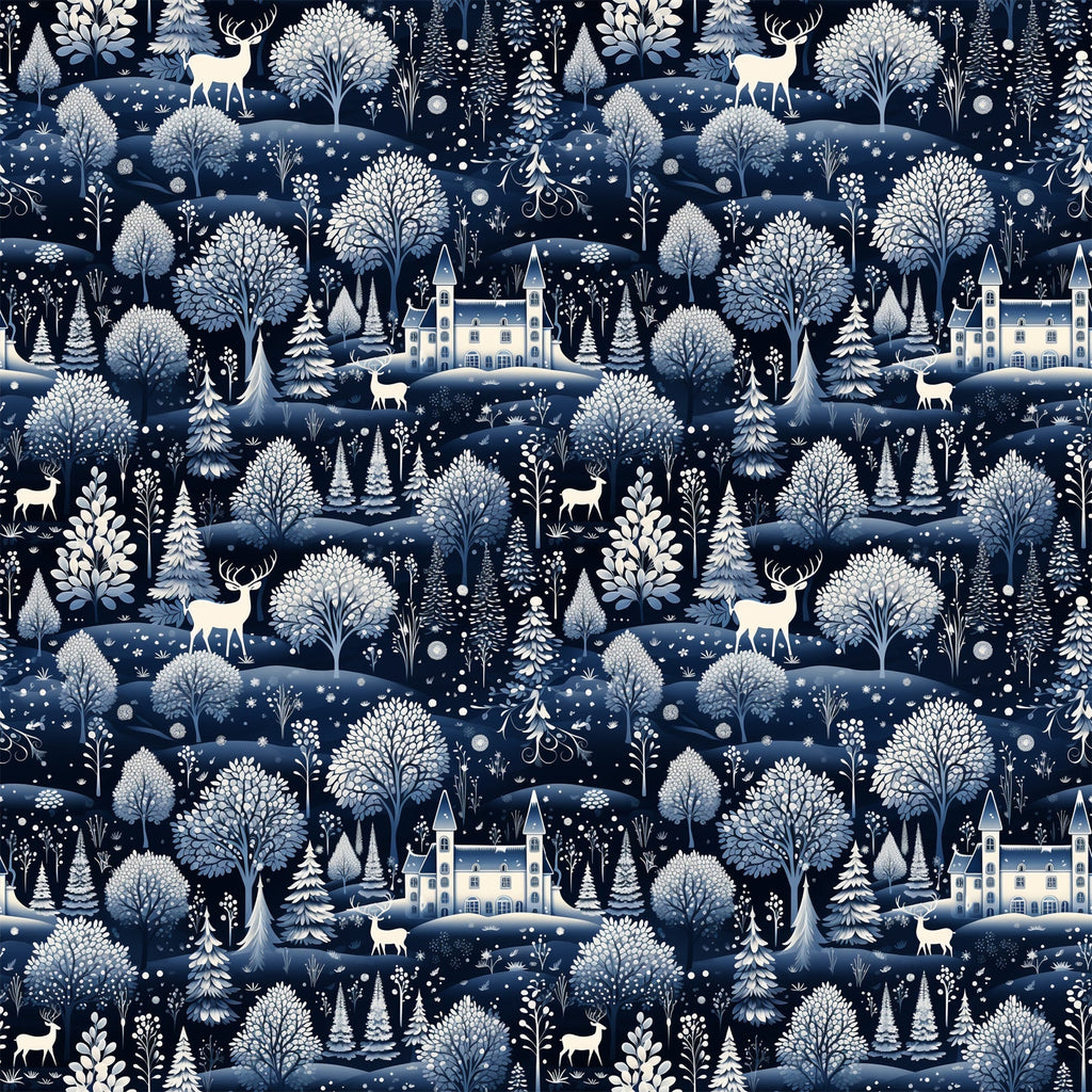 delft blue, navy blue, white, cream, winter scene, snow falling, deer, stags, castle, manor house, trees, evergreen trees, forest, woodland, scenic landscape,, fabric panel, repeating pattern, winter wonderland, snowflakes