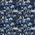 delft blue, navy blue, white, cream, winter scene, snow falling, deer, stags, castle, manor house, trees, evergreen trees, forest, woodland, scenic landscape,, fabric panel, repeating pattern, winter wonderland, snowflakes