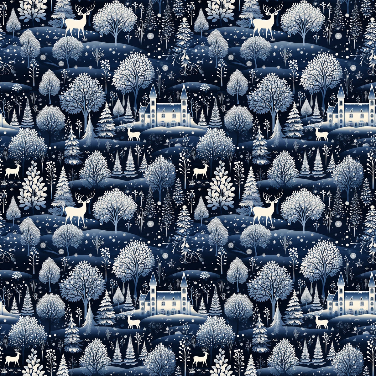 delft blue, navy blue, white, cream, winter scene, snow falling, deer, stags, castle, manor house, trees, evergreen trees, forest, woodland, scenic landscape,, fabric panel, repeating pattern, winter wonderland, snowflakes