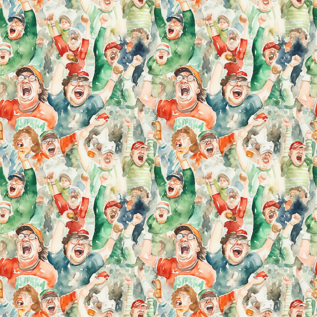 watercolor style, football fans, cheering crowd, sports pattern, red, green, blue, orange, excited expressions, celebrating people, stadium atmosphere, team spirit,, fabric panel, energetic mood, sports theme, crowd scene, vibrant colors, watercolor painting, football celebration
