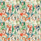 watercolor style, football fans, cheering crowd, sports pattern, red, green, blue, orange, excited expressions, celebrating people, stadium atmosphere, team spirit,, fabric panel, energetic mood, sports theme, crowd scene, vibrant colors, watercolor painting, football celebration