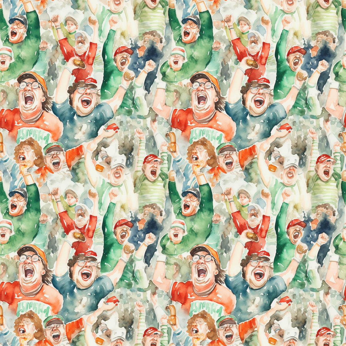 watercolor style, football fans, cheering crowd, sports pattern, red, green, blue, orange, excited expressions, celebrating people, stadium atmosphere, team spirit,, fabric panel, energetic mood, sports theme, crowd scene, vibrant colors, watercolor painting, football celebration