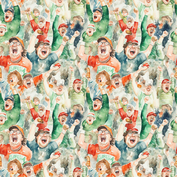 watercolor style, football fans, cheering crowd, sports pattern, red, green, blue, orange, excited expressions, celebrating people, stadium atmosphere, team spirit,, fabric panel, energetic mood, sports theme, crowd scene, vibrant colors, watercolor painting, football celebration