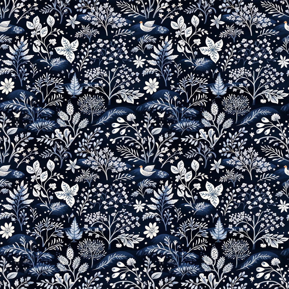 navy blue, delft blue, white, cream, floral pattern, botanical motifs, birds, leaves, branches, flowers, folk art style, intricate design, winter theme,, fabric panel, seamless repeat, decorative elements, nature inspired, monochromatic palette, crafting fabric