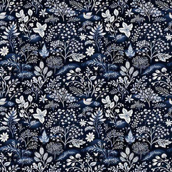 navy blue, delft blue, white, cream, floral pattern, botanical motifs, birds, leaves, branches, flowers, folk art style, intricate design, winter theme,, fabric panel, seamless repeat, decorative elements, nature inspired, monochromatic palette, crafting fabric