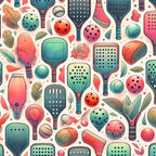 watercolor style, pickleball paddles, sport equipment, coral pink, teal green, sage green, peach orange, cream background, balls with holes, autumn leaves, botanical elements, whimsical pattern,, fabric panel, recreational sports, scattered design, soft pastels, playful motif, geometric shapes, nature accents