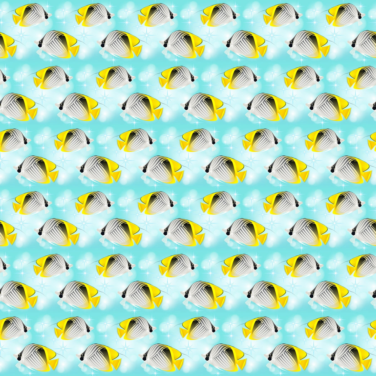 tropical fish, butterflyfish, yellow, aqua, turquoise, white, ocean theme, marine life, underwater scene, repeating pattern, summer vibes, beach motif,, fabric panel, sea creatures, coral reef fish, tropical paradise, coastal design, bright colors, swimming fish