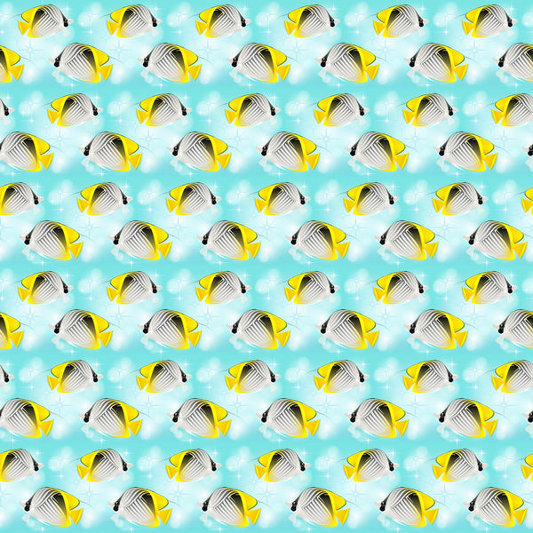 tropical fish, butterflyfish, yellow, aqua, turquoise, white, ocean theme, marine life, underwater scene, repeating pattern, summer vibes, beach motif,, fabric panel, sea creatures, coral reef fish, tropical paradise, coastal design, bright colors, swimming fish