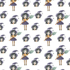 purple, orange, black, striped, witch, halloween, magical, whimsical, cute, anime, character, girl, broomstick, hat, pointed hat, playroom, kids room, children's, fantasy, enchanted, spooky, fun, colorful, dark purple, mustard yellow, striped stockings, festive, autumn, october, costume
