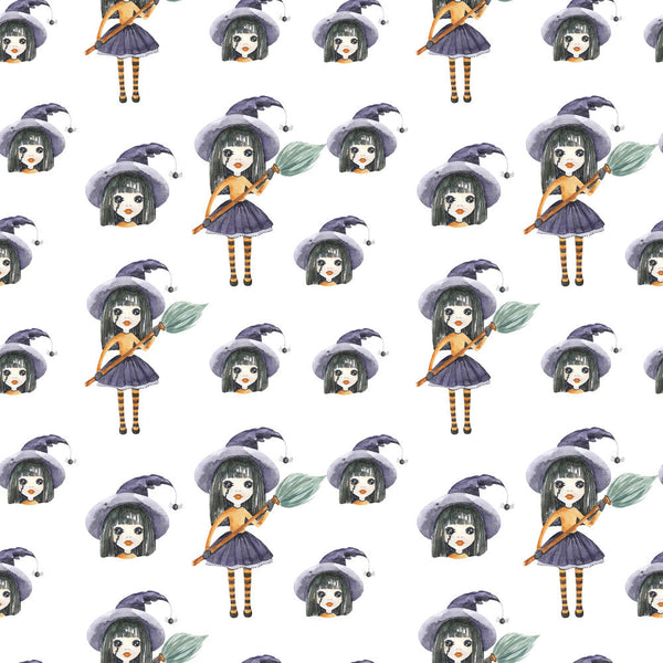 purple, orange, black, striped, witch, halloween, magical, whimsical, cute, anime, character, girl, broomstick, hat, pointed hat, playroom, kids room, children's, fantasy, enchanted, spooky, fun, colorful, dark purple, mustard yellow, striped stockings, festive, autumn, october, costume