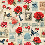 red roses, vintage stamps, blue birds, butterflies, postage stamps, romantic pattern, floral design, cream background,, fabric panel, botanical motifs, nostalgic style, love letters, postal theme, victorian era, detailed illustration, repeating pattern, cottage core, vintage ephemera, antique styling