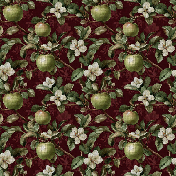 burgundy, wine red, forest green, sage green, cream, ivory, floral, botanical, apples, apple orchard, blossoms, white flowers, vintage, traditional, elegant, rustic, farmhouse, nature, garden, fruit, spring, summer, orchard theme, classic, timeless, cottage core, heritage, pastoral, detailed illustration