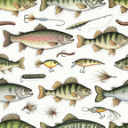 fishing, fish, trout, bass, lures, fishing lures, hooks, worms, bait, tackle, sportsman, outdoor, nature, animals, aquatic, water, woodland, rustic, vintage, cream, tan, brown, olive green, forest green, gold, cream white, realistic, detailed, boys, men