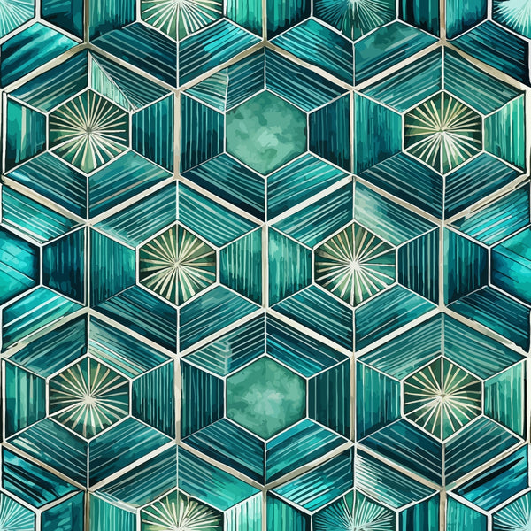 teal, turquoise, emerald green, hexagonal pattern, geometric design, art deco style, sunburst motifs, radiating lines, three dimensional cubes, optical illusion,, fabric panel, luxury aesthetic, sophisticated pattern, jewel tones, repeating motifs, angular geometry, vintage inspired, metallic accents, tessellated design