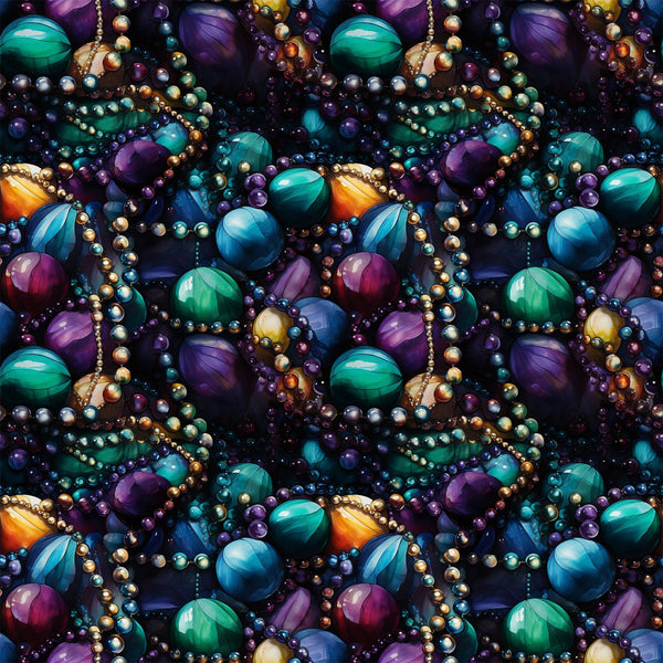 mardi gras beads, jewel tones, purple gemstones, green malachite, blue sapphires, gold pearls, orange amber, seamless pattern, lustrous finish, carnival theme, new orleans style, festive beadwork,, fabric panel, rich colors, ornate jewelry, party beads, celebration motif, luxurious texture, repeating design