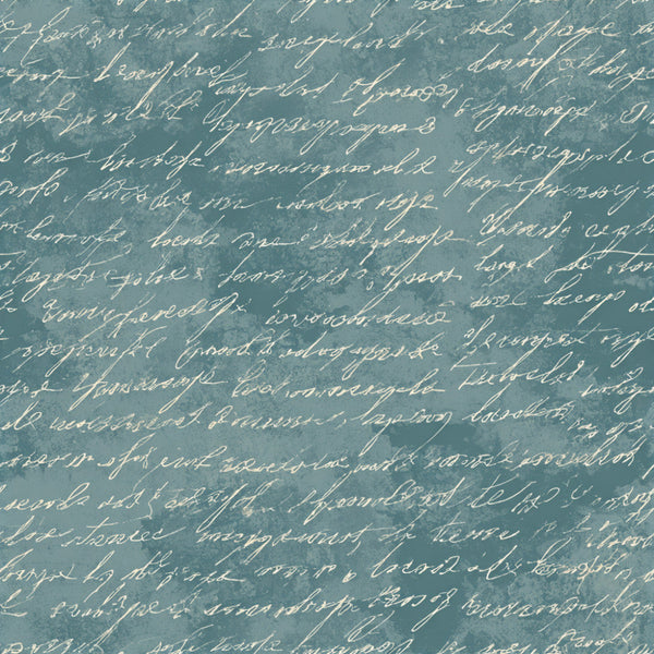 dusty blue, teal, sage green, blue-green, vintage, cursive, calligraphy, script, handwriting, letter writing, literary, antique, retro, elegant, romantic, shabby chic, cottage core, timeless, classic, nostalgic, stationery, text pattern, typography, old world, heritage, distressed, muted tones, sentimental, home decor, upholstery