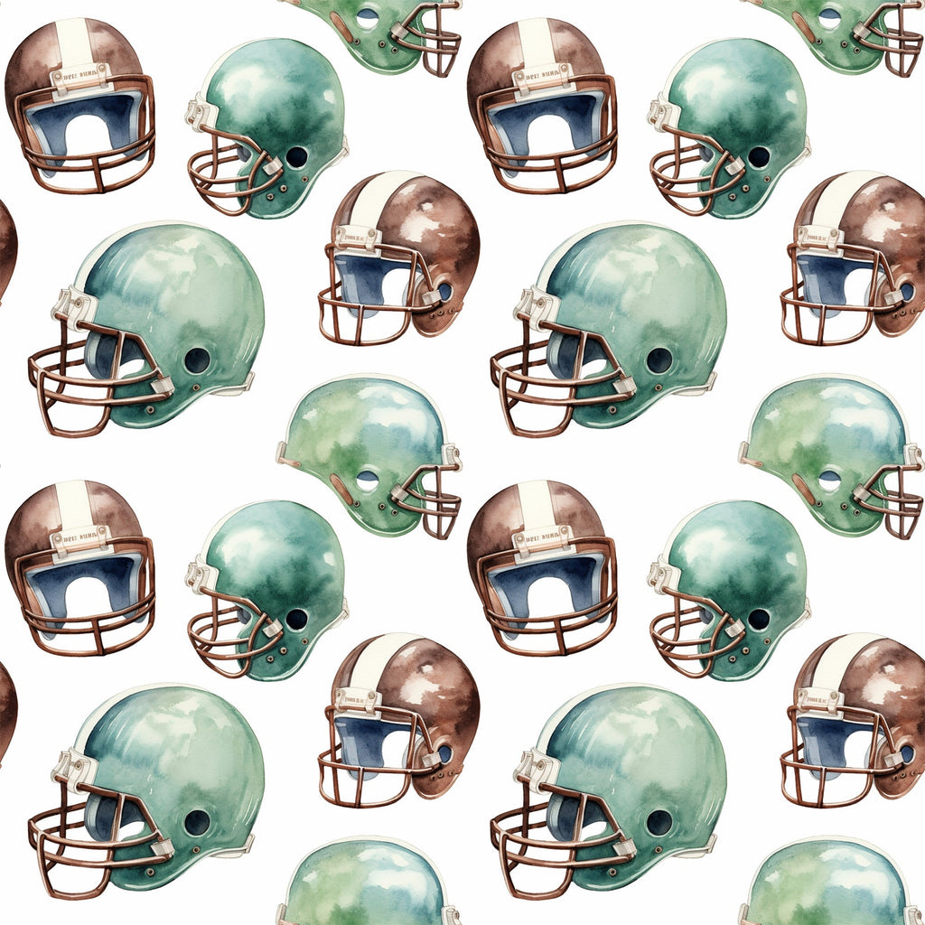 watercolor, football helmets, green helmets, brown helmets, sports pattern, athletic theme, repeating pattern,, fabric panel, vintage style, muted colors, sage green, chocolate brown, cream white, football gear, sports equipment, masculine design, boy's fabric, team colors, nostalgic mood