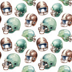watercolor, football helmets, green helmets, brown helmets, sports pattern, athletic theme, repeating pattern,, fabric panel, vintage style, muted colors, sage green, chocolate brown, cream white, football gear, sports equipment, masculine design, boy's fabric, team colors, nostalgic mood