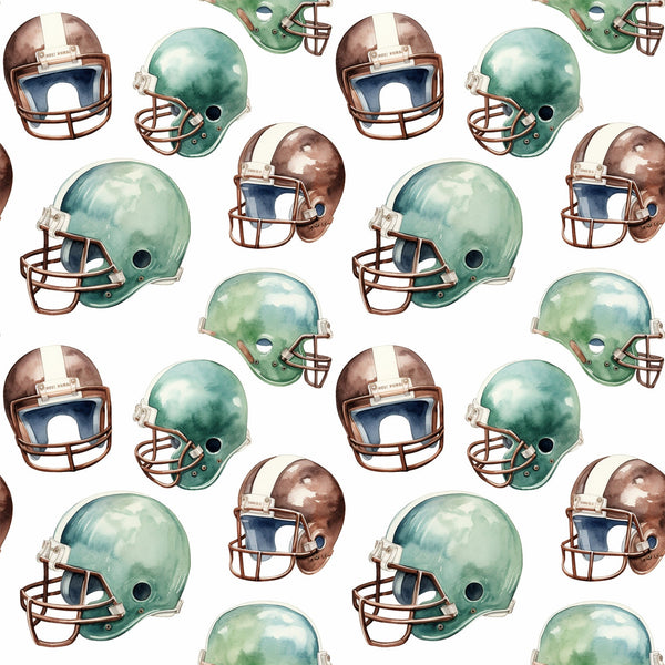 watercolor, football helmets, green helmets, brown helmets, sports pattern, athletic theme, repeating pattern,, fabric panel, vintage style, muted colors, sage green, chocolate brown, cream white, football gear, sports equipment, masculine design, boy's fabric, team colors, nostalgic mood
