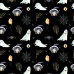 halloween, black background, witch, ghost, spiderweb, spider, moon, orange balloon, pale yellow, cream white, purple, gray, dark gray, bronze, whimsical, spooky, festive, gothic, autumn, fall, children, kids, playroom, nursery, cute, magical, eerie, enchanted, celestial, dark aesthetic