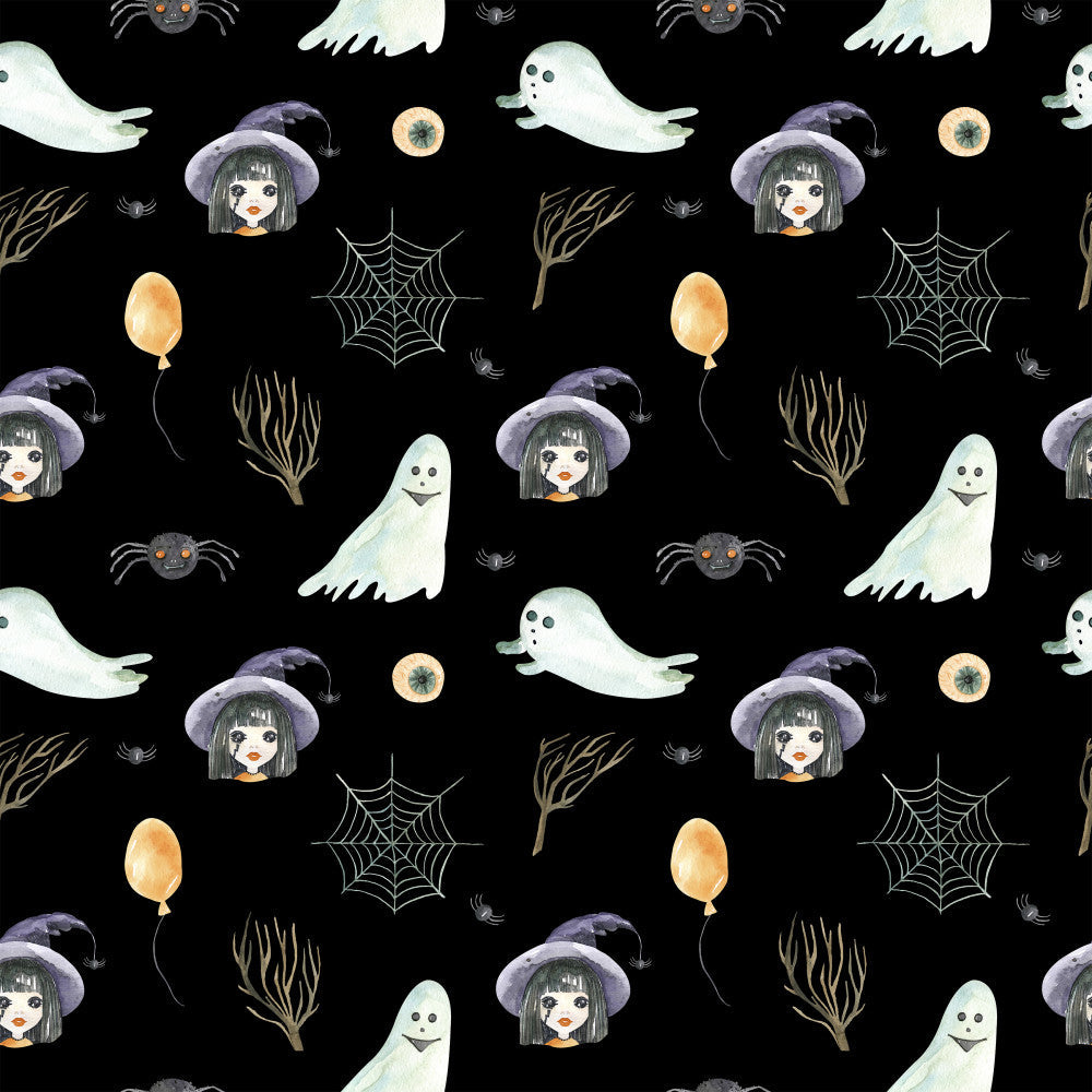 halloween, black background, witch, ghost, spiderweb, spider, moon, orange balloon, pale yellow, cream white, purple, gray, dark gray, bronze, whimsical, spooky, festive, gothic, autumn, fall, children, kids, playroom, nursery, cute, magical, eerie, enchanted, celestial, dark aesthetic