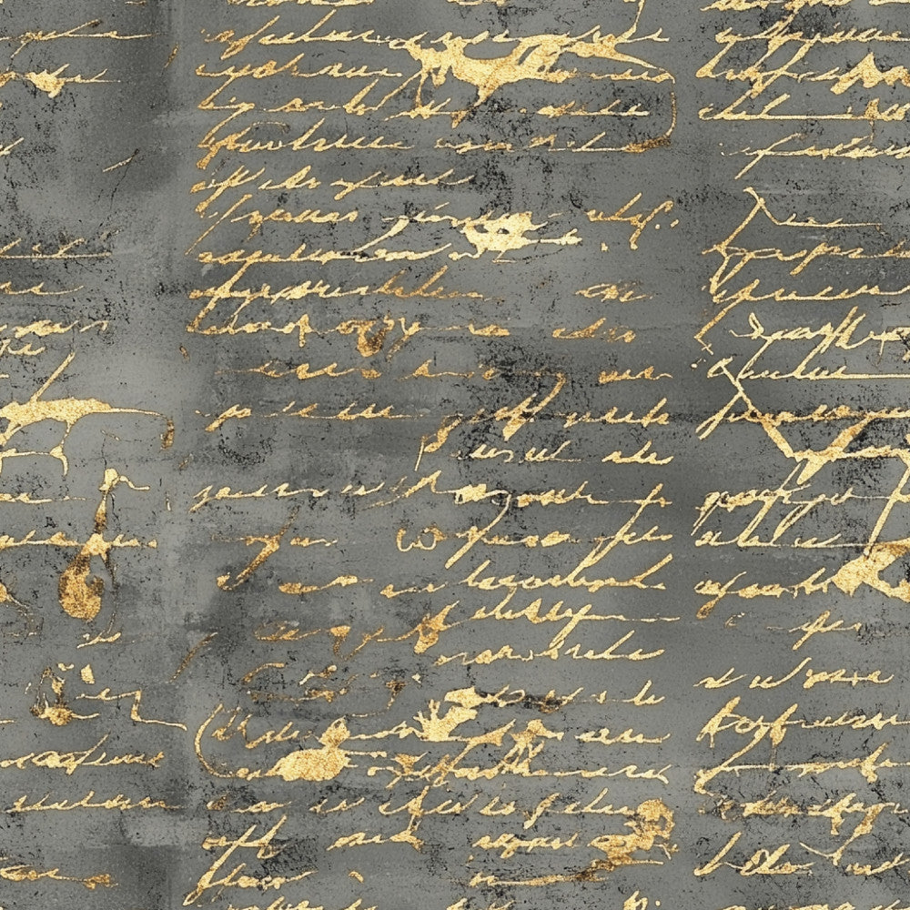 charcoal gray, gold foil, vintage script, cursive writing, antique text, elegant, sophisticated, literary, classic, distressed texture, grunge, steampunk, masculine, refined, calligraphy, aged paper, historical, book lover, library theme, intellectual, traditional, timeless, metallic gold, letter pattern, handwritten style, educational, study room, office decor