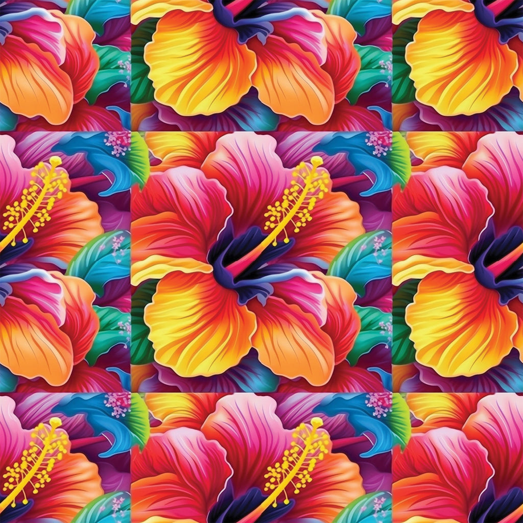 colorful flowers, hibiscus pattern, tropical blooms, vibrant petals, rainbow colors, orange gradient, pink flowers, yellow stamens, blue accents, purple hues, floral motifs, tropical paradise, bright botanical,, fabric panel, seamless repeat, summer vibes, exotic flowers, multi-colored design, hawaiian style