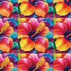 colorful flowers, hibiscus pattern, tropical blooms, vibrant petals, rainbow colors, orange gradient, pink flowers, yellow stamens, blue accents, purple hues, floral motifs, tropical paradise, bright botanical,, fabric panel, seamless repeat, summer vibes, exotic flowers, multi-colored design, hawaiian style