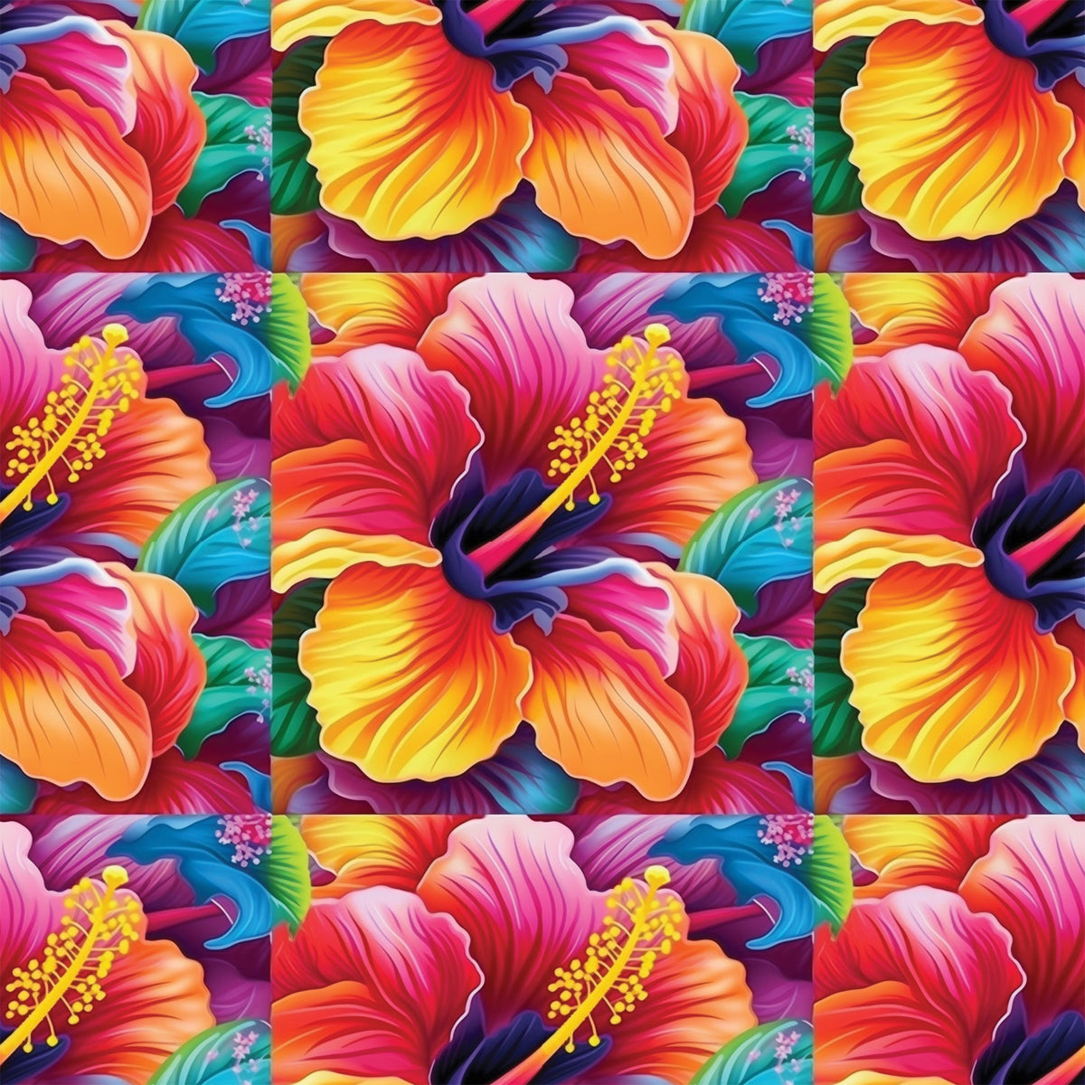 colorful flowers, hibiscus pattern, tropical blooms, vibrant petals, rainbow colors, orange gradient, pink flowers, yellow stamens, blue accents, purple hues, floral motifs, tropical paradise, bright botanical,, fabric panel, seamless repeat, summer vibes, exotic flowers, multi-colored design, hawaiian style