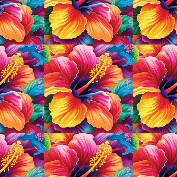 colorful flowers, hibiscus pattern, tropical blooms, vibrant petals, rainbow colors, orange gradient, pink flowers, yellow stamens, blue accents, purple hues, floral motifs, tropical paradise, bright botanical,, fabric panel, seamless repeat, summer vibes, exotic flowers, multi-colored design, hawaiian style