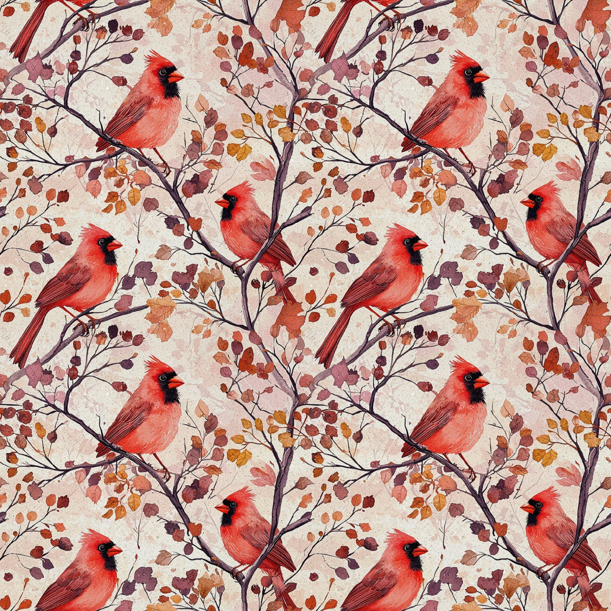 red cardinals, autumn leaves, birds, branches, coral red, burgundy, orange, brown, watercolor style, repeating pattern,, fabric panel, seasonal design, nature motif, fall colors, botanical elements, wildlife pattern, artistic illustration, warm tones, perched birds