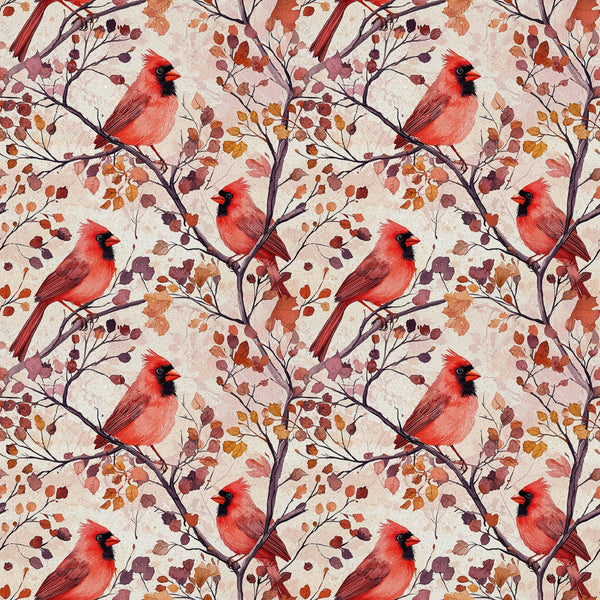 red cardinals, autumn leaves, birds, branches, coral red, burgundy, orange, brown, watercolor style, repeating pattern,, fabric panel, seasonal design, nature motif, fall colors, botanical elements, wildlife pattern, artistic illustration, warm tones, perched birds
