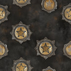 western themed, star badges, sheriff badges, metallic gold, bronze, dark brown, black background, vintage style, distressed texture, law enforcement, cowboy motifs,, fabric panel, rustic appearance, weathered metal, circular badges, pointed star design, western americana, antique finish, repeating pattern
