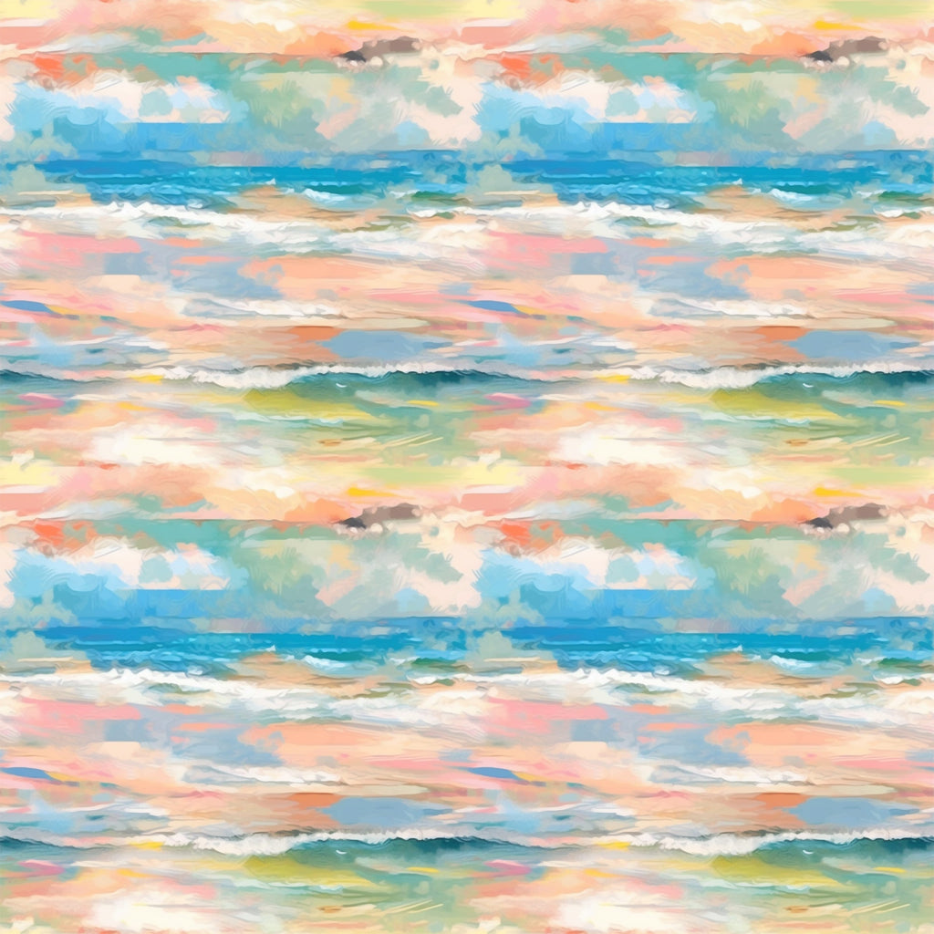 impressionist style, watercolor effect, ocean waves, seascape, coral pink, turquoise blue, sage green, peach tones, yellow accents, white foam, rolling waves, coastal scene, painterly brushstrokes, soft blended colors,, fabric panel, beachscape, maritime theme, flowing water, artistic waves