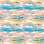 impressionist style, watercolor effect, ocean waves, seascape, coral pink, turquoise blue, sage green, peach tones, yellow accents, white foam, rolling waves, coastal scene, painterly brushstrokes, soft blended colors,, fabric panel, beachscape, maritime theme, flowing water, artistic waves